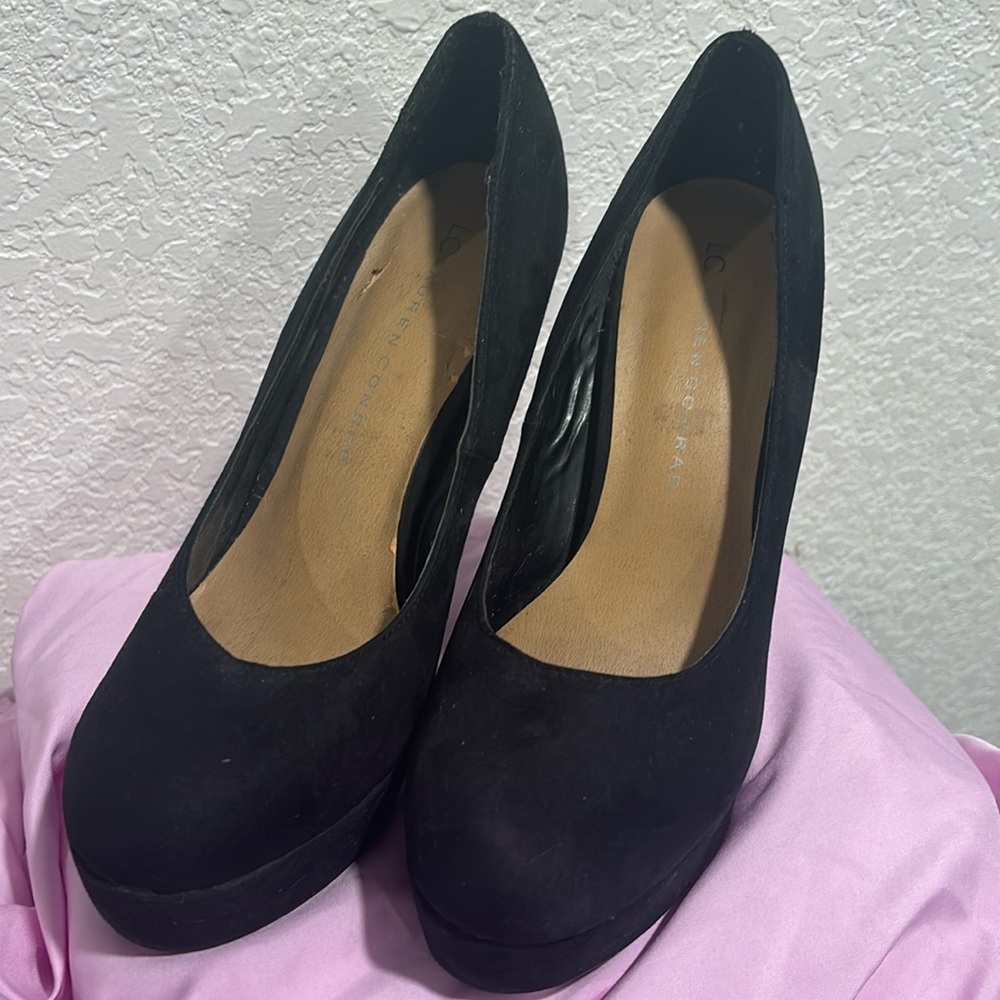 LC LAUREN CONRAD  Black suede leather ultra high heel platform pumps size  7